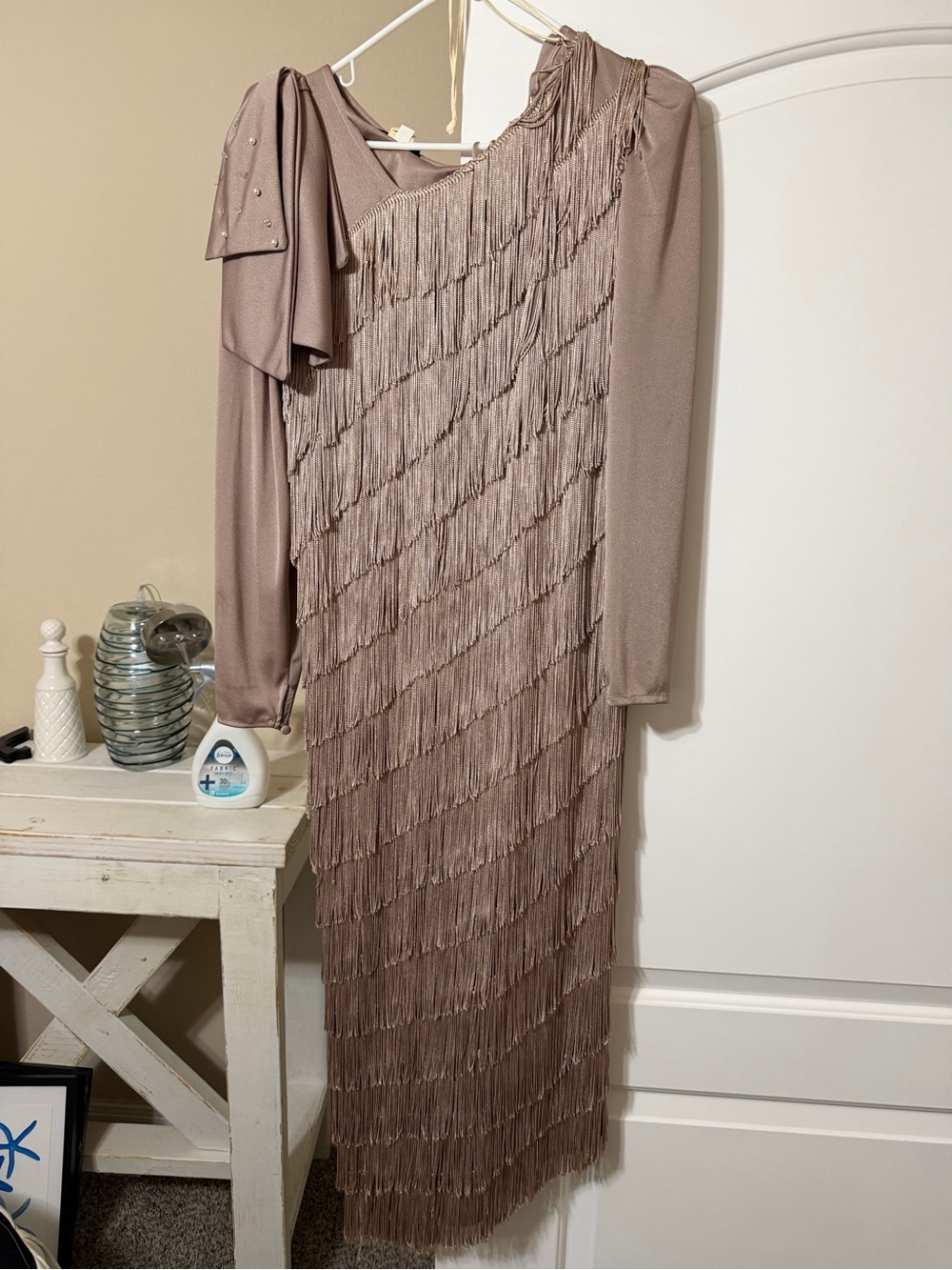 One-Shoulder Taupe Fringe Long-Sleeve Dress vintage 1970 Nightworks